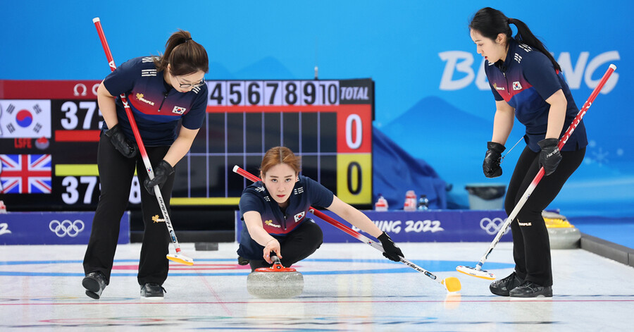 ▲ 2022베이징동계올림픽 여자 컬링 예선 2차전에서 투구하는 김초희(가운데) ⓒ연합뉴스