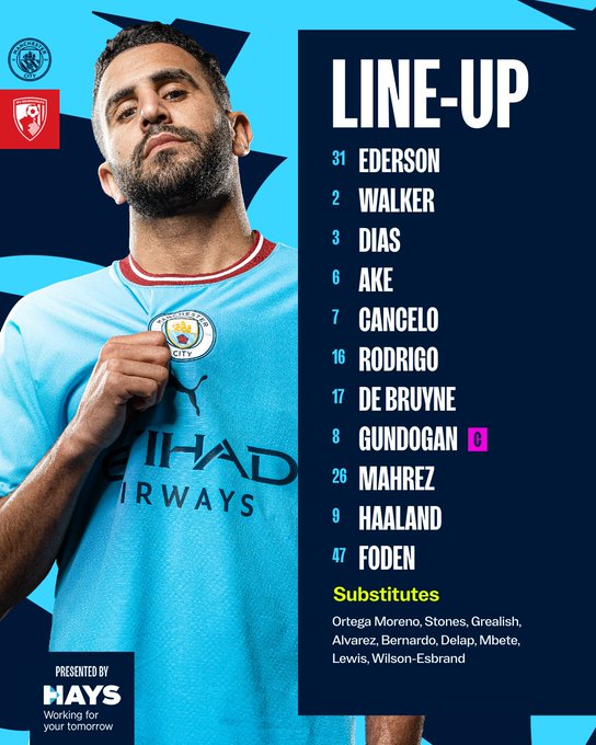 ▲ 맨체스터 시티의 본머스전 선발 명단. ⓒ맨체스터 시티 공식