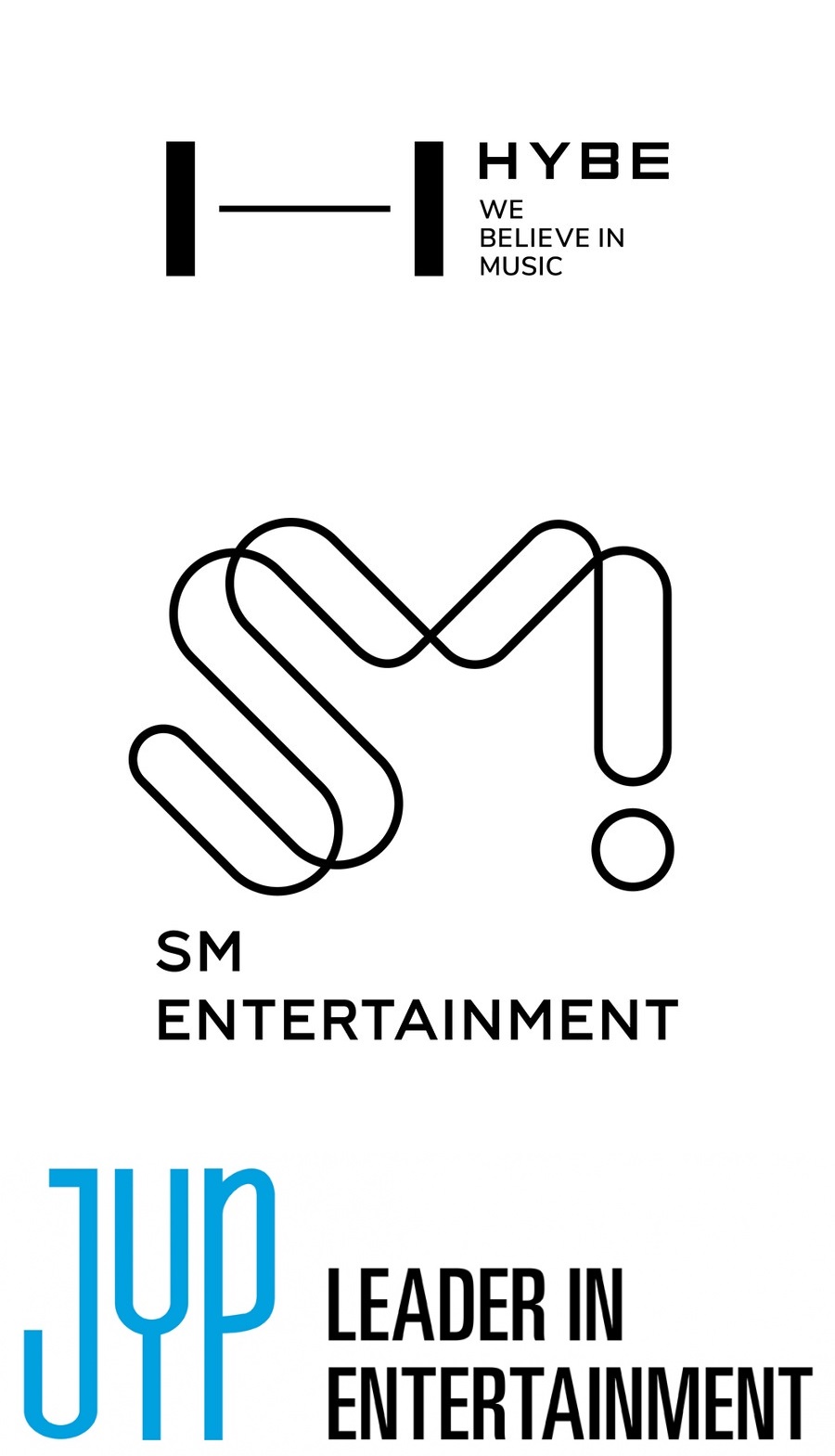 ▲ (위부터)하이브, SM, JYP 로고. 제공|각 소속사