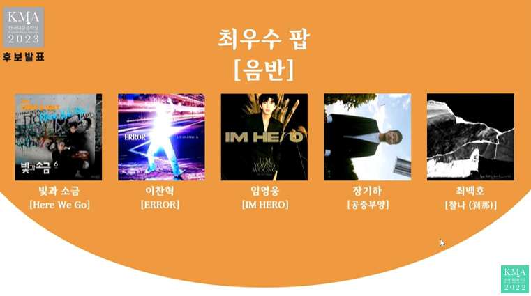 ▲ 제20회 한국대중음악상 최우수 팝 음반 부문 후보