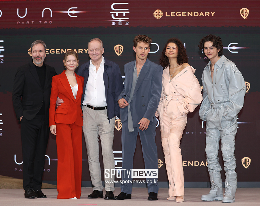 ▲ 드니 빌뇌브 감독 타냐 라푸앵트 프로듀서 스텔란 스카스가드 오스틴 버틀러 젠데이아 티모시 샬라메 ⓒ곽혜미 기자