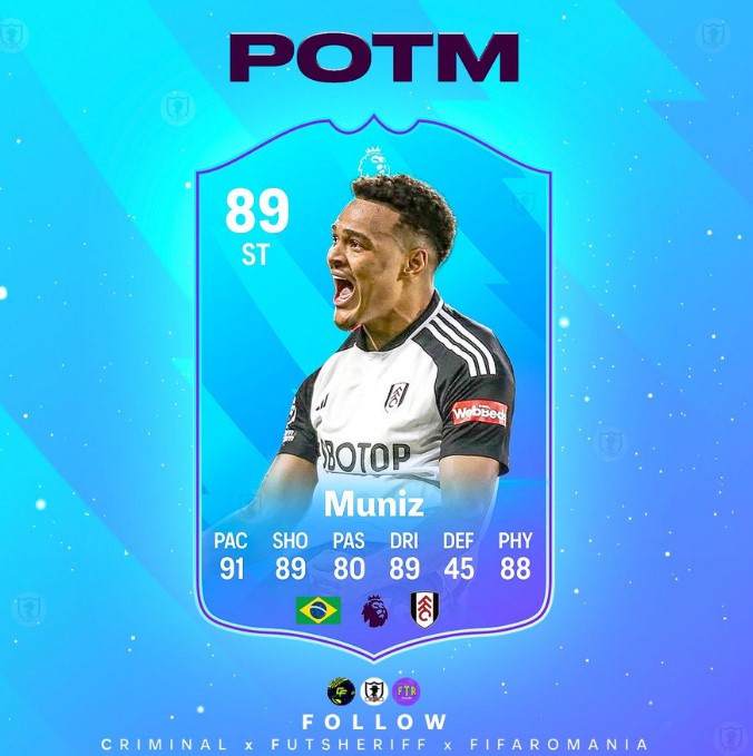 ▲ 축구 게임 관련 소식을 다루는 ‘풋 셰리프’는 12일(한국시간) 소셜네트워크서비스(SNS) 계정을 통해 “풀럼의 로드리고 무니스가 프리미어리그 이달의 선수상을 받았다”라고 전했다. 해당 계정은 이와 함께 무니스의 수상 유출 사진을 공개했다.   ⓒ풋 셰리프