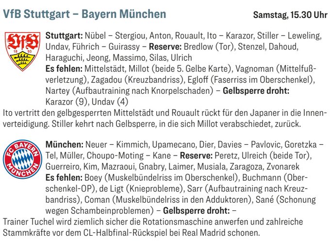 ▲ 3일(한국시간) 독일 키커가 전망한 VfB슈투트가르트전 바이에른 뮌헨 선발 명단. 김민재는 벤치에 이름을 올렸다.