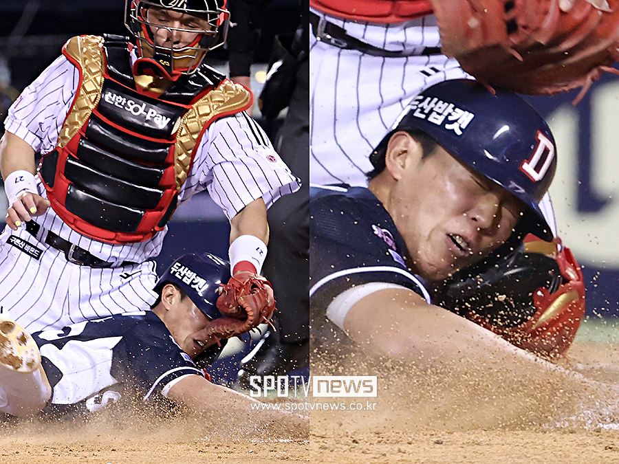 ▲ 2024 신한 SOL Bank KBO리그 LG 트윈스와 두산 베어스의 경기가 3일 오후 서울 송파구 잠실야구장에서 열렸다. 9회초 2사 2루 두산 조수행의 적시타 때 2루 주자 전민재가 홈쇄도를 시도하며 포수 박동원과 충돌하고 있다.