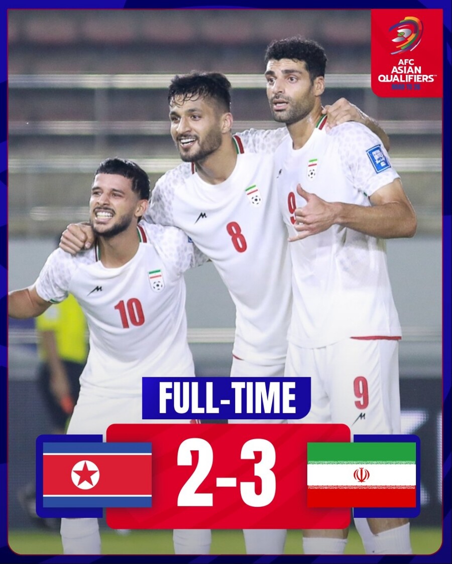 ▲ 북한의 월드컵 본선 진출 가능성이 희박해지고 있다. 한 명이 빠진 이란을 상대로 분전했지만, 한 골 차를 극복하지 못하고 2-3으로 무릎을 꿇었다. 북한은 5경기에서 승점 2점으로 A조 최하위에 머물러 있다. 북한은 2010년 남아프리카공화국 월드컵 이후 13년 만에 3차 예선을 치르고 있다.ⓒAFC SNS