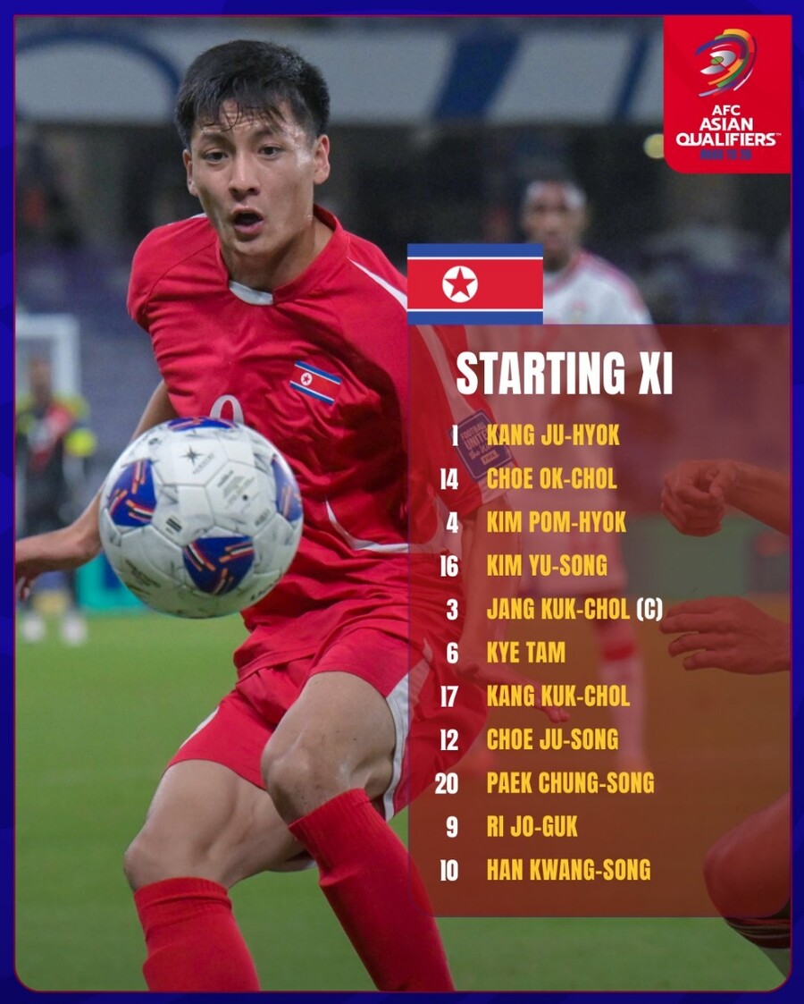 ▲ 북한의 월드컵 본선 진출 가능성이 희박해지고 있다. 한 명이 빠진 이란을 상대로 분전했지만, 한 골 차를 극복하지 못하고 2-3으로 무릎을 꿇었다. 북한은 5경기에서 승점 2점으로 A조 최하위에 머물러 있다. 북한은 2010년 남아프리카공화국 월드컵 이후 13년 만에 3차 예선을 치르고 있다.ⓒAFC SNS