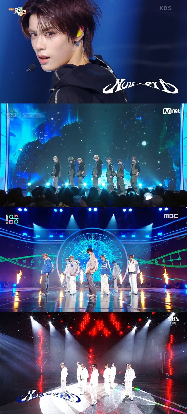 ▲ 누에라가 지난 9일부터 12일까지 연일 음악방송에 출연해 '무한대' 무대를 선사했다. 각 방송 화면 캡처