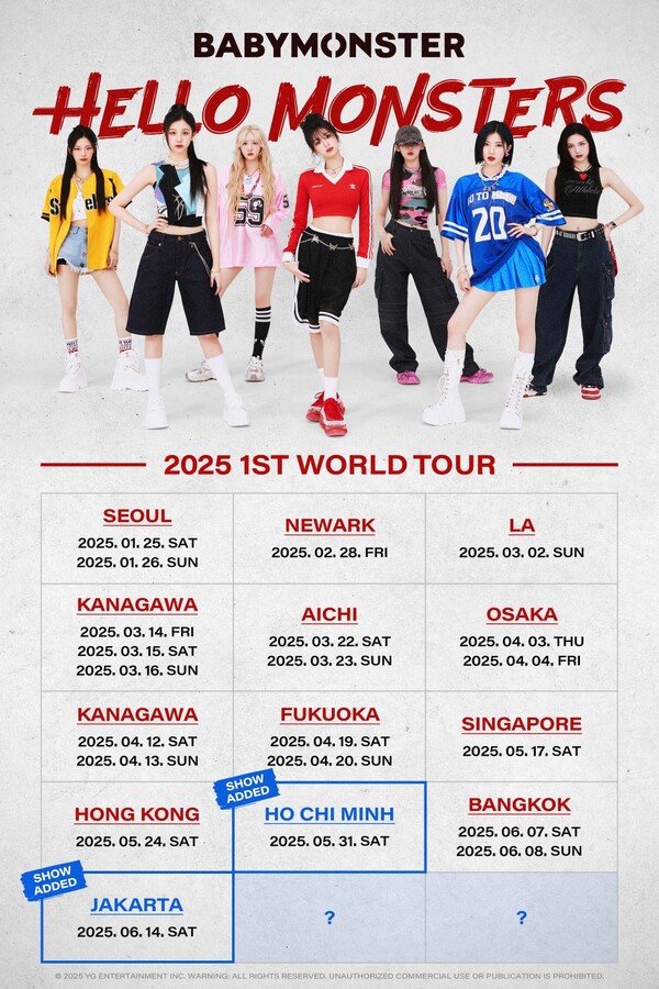▲ 월드투어를 벌이는 베이비몬스터가 호찌민, 자카르타 1회 공연을 추가해 모두 12개 도시, 21회에 걸쳐 '헬로 몬스터즈' 투어를 벌인다. 제공|YG엔터테인먼트