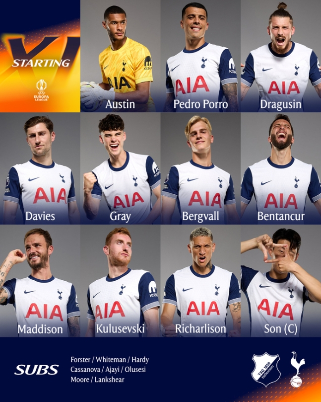 ▲ 토트넘 홋스퍼의 호펜하임전 출전 명단. ⓒ토트넘 홋스퍼 사회관계망서비스(SNS) 갈무리