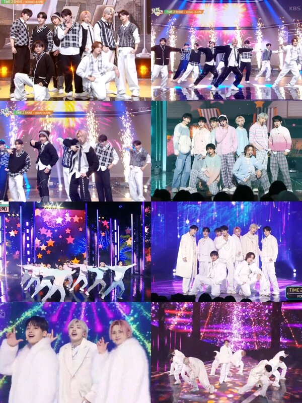 ▲ 컴백 첫주 여러 음악방송에서 새 싱글 타이틀곡 '타임 투 샤인' 무대를 선사한 소디엑. 방송화면 캡처