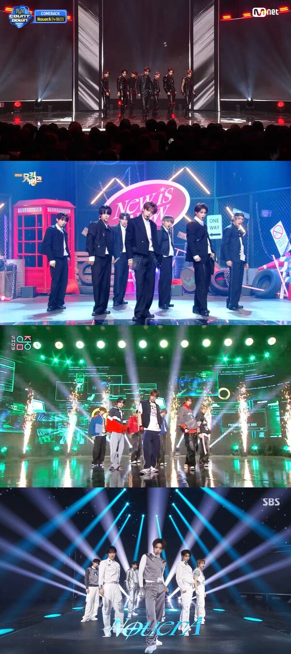 ▲ 누에라가 데뷔 첫주 데뷔앨범 타이틀곡 N.I.N'으로 각 음악방송에 출연해 파워 넘치는 퍼포먼스를 보여줬다. 제공|누아엔터테인먼트