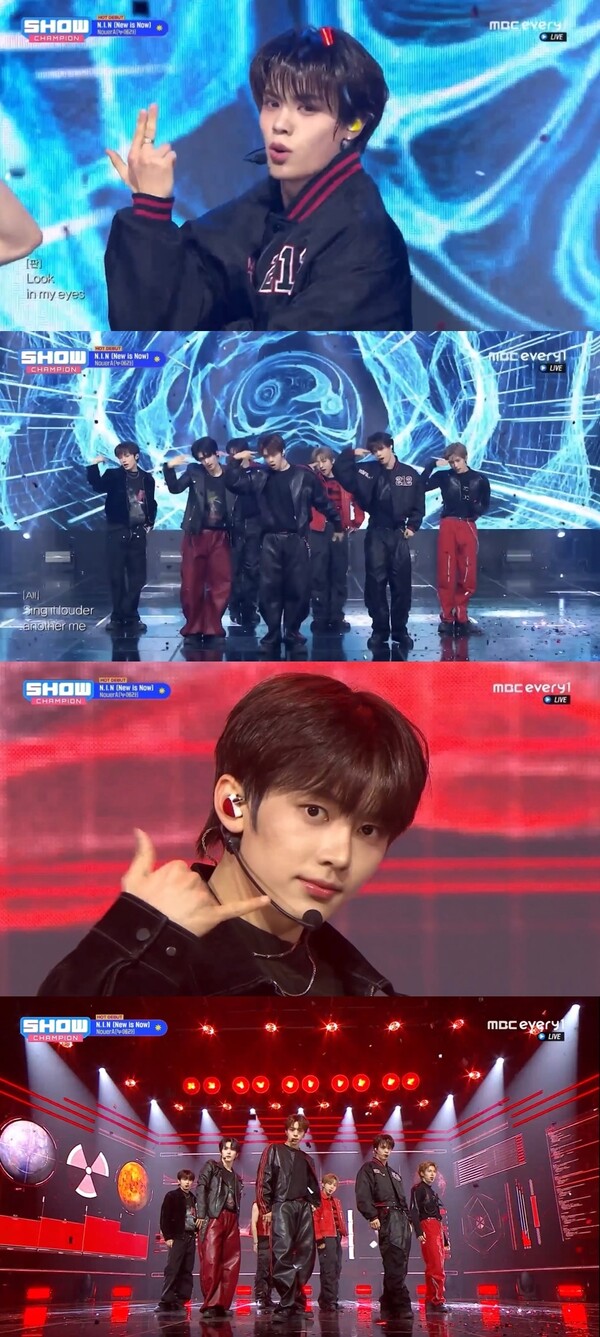 ▲ 5일 방송된 '쇼! 챔피언'에서 데뷔앨범 타이틀곡 'N.I.N' 퍼포먼스를 선사한 누에라는 이날 1위 후보에 올랐다. 방송화면 캡처