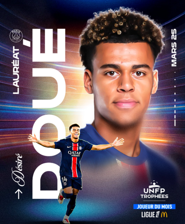 ▲ 파리 생제르맹 데지레 두에가 프랑스 선수 노조(UNFP) 선정 3월 이달의 선수에 뽑혔다. ⓒUNFP