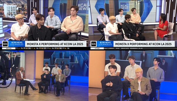 ▲ 몬스타엑스가 미국 LA 현지 방송 뉴스에 출연했다. CBS 로스앤젤ㄹ레스 'KCAL 뉴스', KTLA 'KTLA 5 모닝뉴스' 방송 화면 캡처