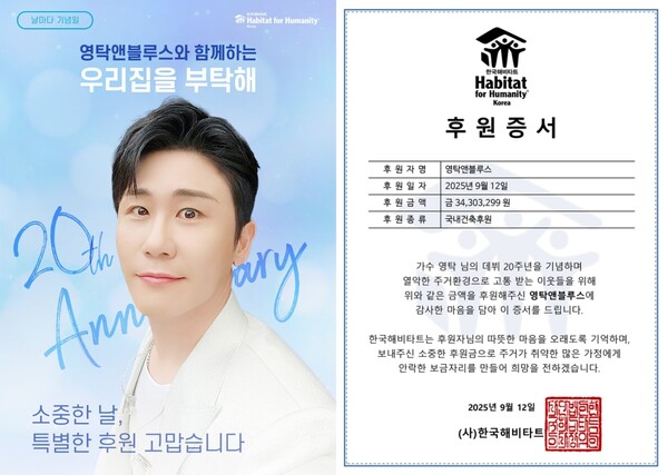 ▲ 가수 영탁 팬클럽 영탁앤블루스가 한국해비타트에 성금 3430만 3299원을 기부했다. 제공|한국해비타트
