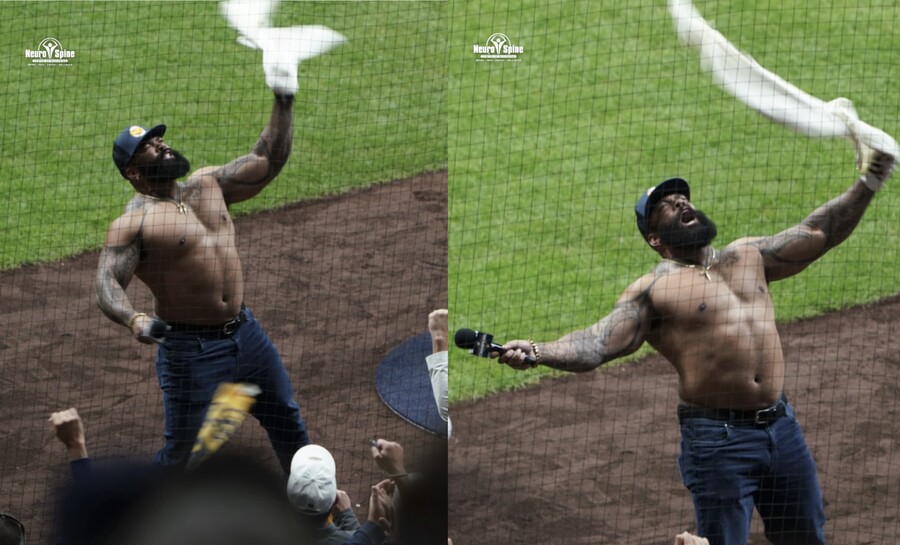 ▲ 에릭 테임즈가 밀워키 브루어스의 선전을 위해 상의를 벗어던지는 광란의 응원쇼를 펼쳤다. ⓒ ESPN 밀워키