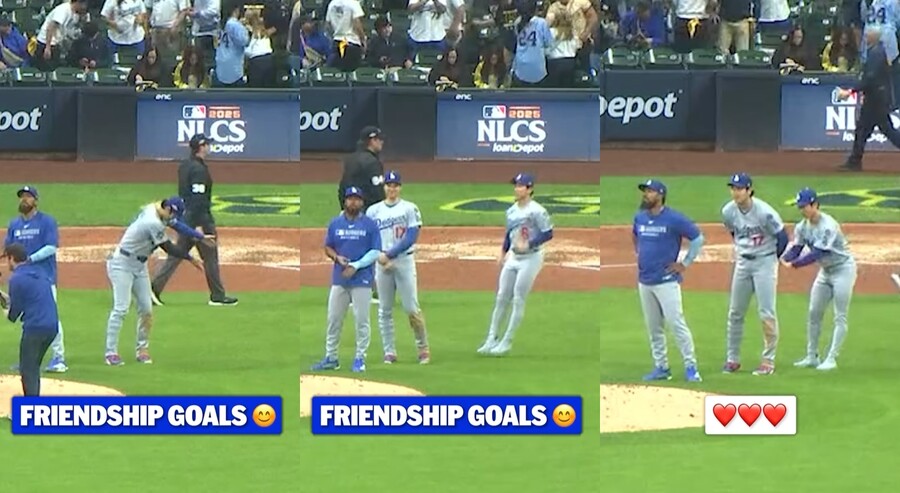 ▲ 오타니 쇼헤이가 경기 후 세리머니를 위해 김혜성을 부르는 장면.